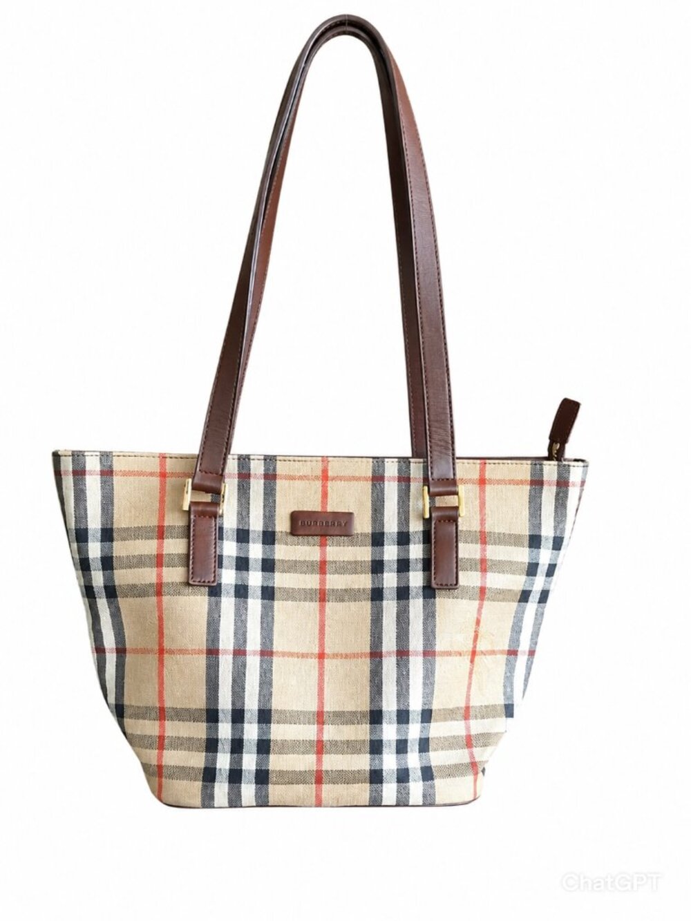 Burberry Haymarket Check canvas tote bag with brown leather trim.